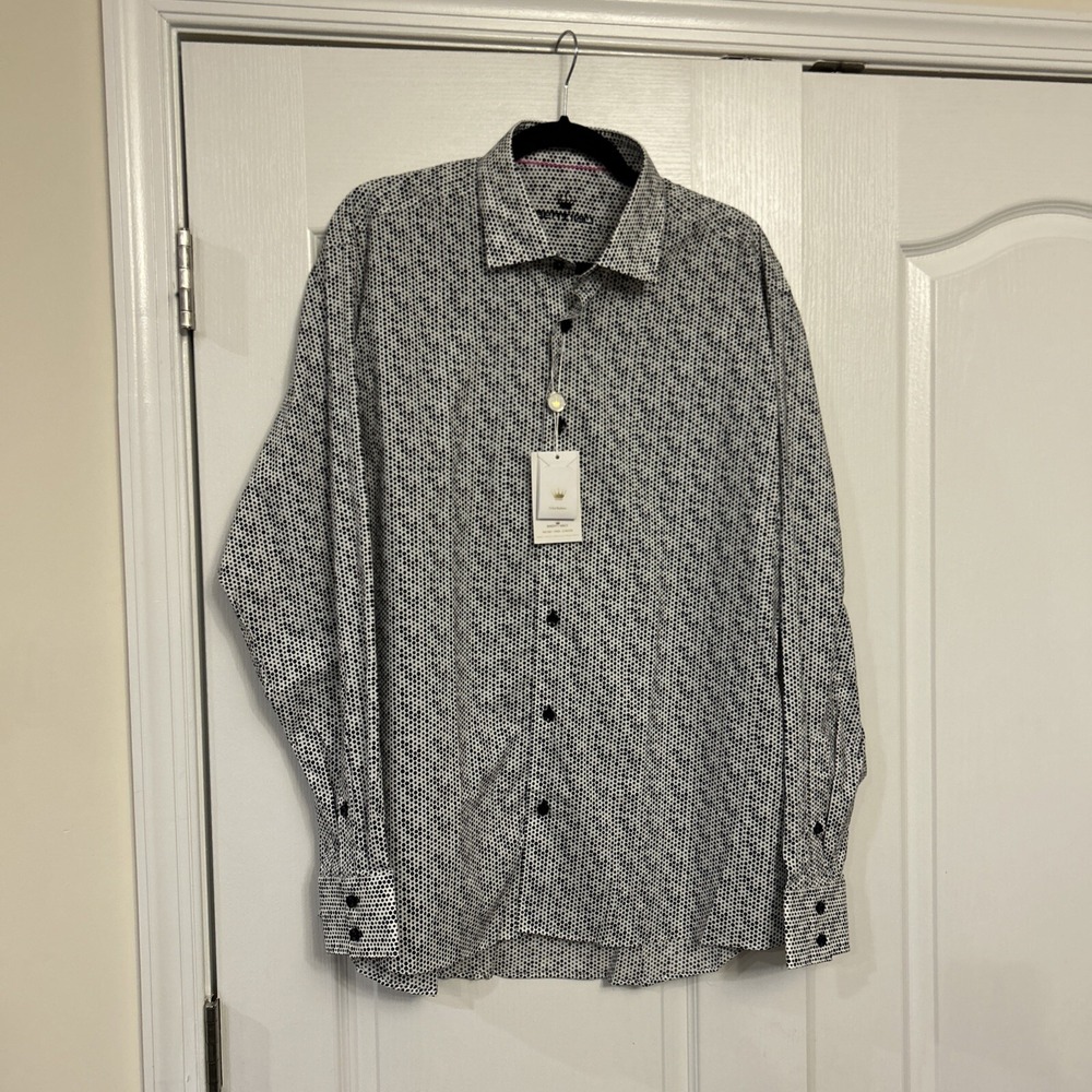 Bertigo White Black Polka Dot 100% Cotton Fancywork Men Dress Shirt Size 5 / XL